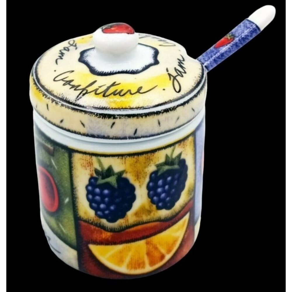 MSC Fruit Jelly Jam Jar Matching Lid Spoon Confiture Vintage Ceramic 3.5 Inches
